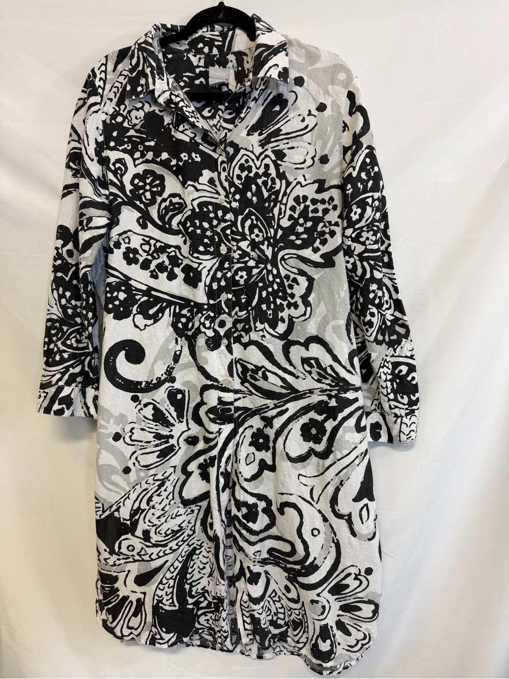 Chico’s Linen Blend Black White Floral Tunic Shirt Dress Size 2 Lagenlook